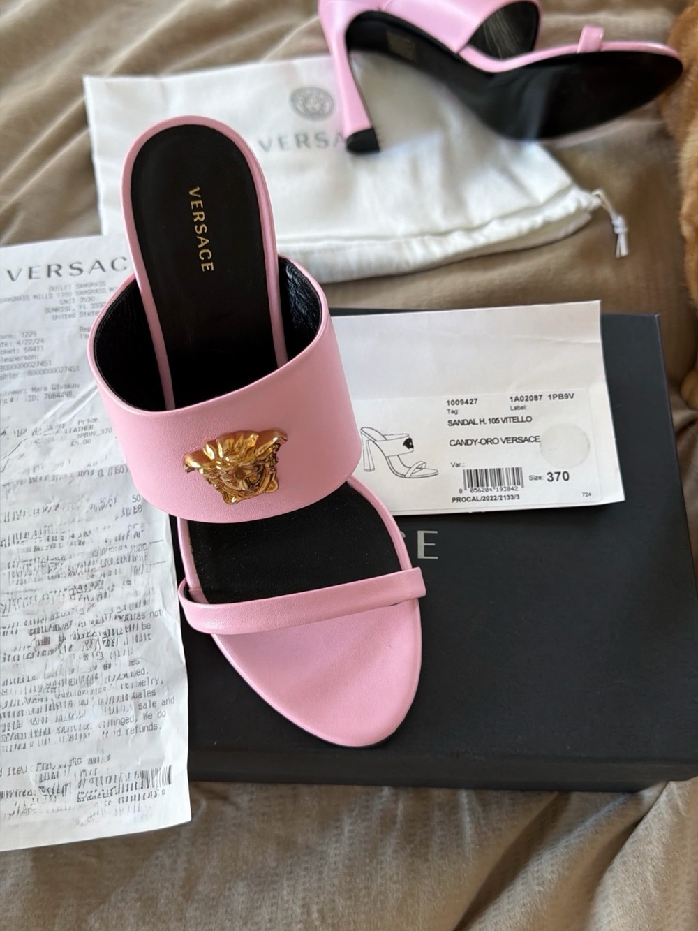 Versace Pink Medusa-Accent High Heel Slide Sandals
